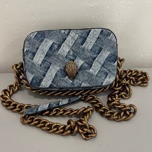 Designer-Inspired Denim Weave Crossbody Bag with Brass Chain